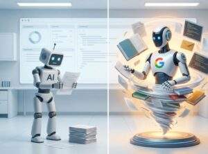 구글 AI 스튜디오 한글 성능글의 이미지로, 왼쪽에는 작은 문서 더미와 씨름하는 일반 AI 로봇이 있고, 오른쪽에는 수많은 책과 문서를 회오리바람처럼 쉽게 처리하는 구글 Gemini 로봇이 대조적으로 표현된 3D 비교 이미지.