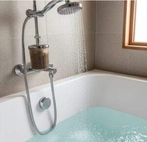 몰디브 여행 준비물: 리조트 객실 화장실 샤워기 헤드에 설치된 필터와 깨끗해진 물