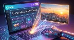 노트북 화면의 캔바 인터페이스에서 사용자가 텍스트 프롬프트를 입력하자 빛나는 효과와 함께 AI가 자동으로 영상을 생성하는 미래지향적인 그래픽.