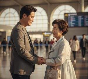 공항에서 설레는 표정으로 악수하는 두 여행객. 한명은 스마트폰을, 다른 한명은 쥬얼 창이 폭포를 배경으로 셀카를 찍는 모습이 혼합되어 '지루함 vs 모험'의 대비를 보여준다.