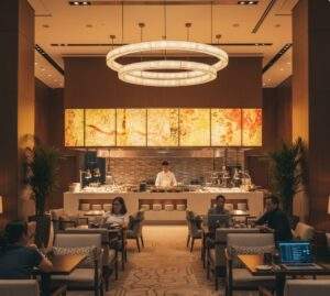 싱가포르 창이공항의 실버크리스 라운지 내부 전경. 따뜻한 조명 아래 셰프가 요리하는 라이브 스테이션과 편안하게 휴식하는 여행객들의 모습이 보인다.