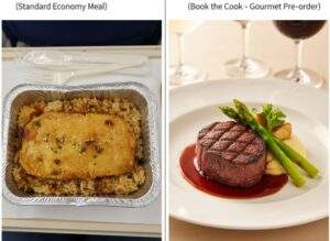 좌측에는 일반 기내식(알루미늄 용기 생선 요리), 우측에는 북더쿡 기내식(고급 플레이팅 스테이크)을 비교하는 이미지