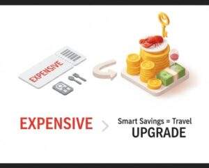 값비싼 항공권이 스마트한 절약을 통해 럭셔리한 여행 업그레이드(랍스터, 와인, 현금, 풀빌라 열쇠)로 바뀌는 3D 인포그래픽.