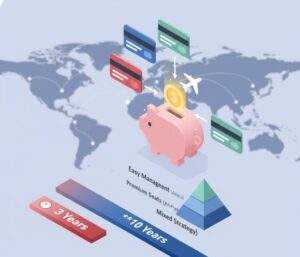 세계 지도 위에 신용카드들이 돼지 저금통으로 마일리지를 쌓고 비행기가 돈을 떨어뜨리는 모습의 3D 인포그래픽. 아래에는 3년과 10년 유효기간을 나타내는 막대 그래프가 있다.