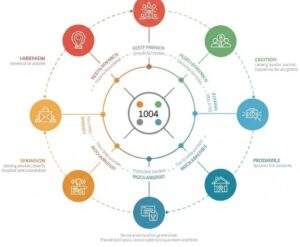 중앙에 '1004'라는 숫자가 있고 주변으로 여러 아이콘과 텍스트가 원형으로 연결된 미니멀한 인포그래픽 이미지.