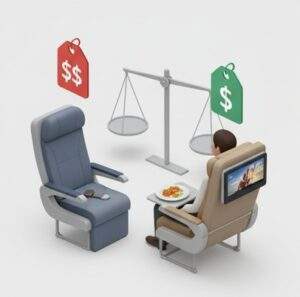 일반 이코노미석과 싱가포르 항공의 프리미엄 이코노미 또는 넓은 이코노미 좌석을 가격 태그와 함께 비교하는 아이소메트릭 인포그래픽