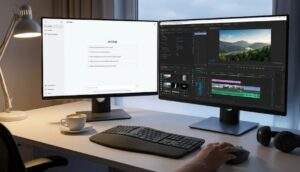 듀얼 모니터를 사용하는 현대적인 크리에이터의 작업 공간 사진. 왼쪽 모니터에는 AI 채팅 인터페이스가, 오른쪽 모니터에는 영상 편집 프로그램이 실행 중이다. 책상 위에는 커피잔, 키보드, 마우스, 헤드폰이 있고 아늑한 조명이 비추고 있다.