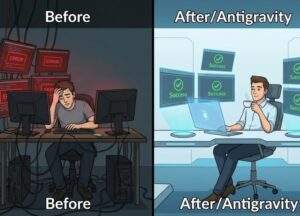 왼쪽은 에러와 케이블로 뒤엉킨 어두운 방에서 고통받는 개발자의 모습(Before), 오른쪽은 깨끗하고 미래적인 공간에서 여유롭게 커피를 마시며 성공적인 결과물을 확인하는 개발자의 모습(After/Antigravity)을 대비시킨 이미지.