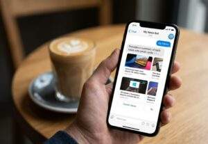 구글 opal을 활용하여 만든 어플: 스마트폰 화면에 'My News Bot' 채팅방이 열려 있고, 사용자가 'My News'라고 입력하자 봇이 카드 뉴스 형태로 최신 IT 뉴스를 요약해주는 모습.