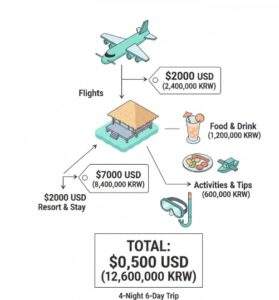몰디브 4박 6일 여행 경비를 항공, 리조트, 식음료, 활동 및 팁으로 나누어 총액을 시각적으로 보여주는 인포그래픽.