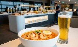 싱가포르 창이공항 라운지 이용 방법: 테이블 위의 싱가포르 락사와 시원한 맥주 한 잔, 뷔페 배경