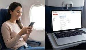 분할 화면으로 왼쪽은 기내에서 스마트폰으로 메시지를 보내는 승객, 오른쪽은 노트북으로 이메일을 확인하는 화면을 보여주는 싱가포르 항공 기내 활용 모습.