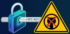 구글 AI 스튜디오 API 키 발급: 문자열이 디지털 자물쇠로 잠겨 있는 모습과 그 옆에 깃허브(GitHub) 로고 위에 금지 표시가 된 노란색 경고 표지판이 함께 있는 보안 관련 벡터 일러스트입니다.