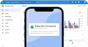 스마트폰 화면에 구글 클라우드 플랫폼의 예산 알림 팝업이 뜬 모습. 알림창에는 "Budget Alert: 50% Reached"라는 문구와 함께 체크 표시가 있으며, 배경에는 클라우드 콘솔의 대시보드 차트가 흐릿하게 보입니다.