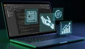 노트북 화면에 구글 코랩의 파이썬 코드가 실행되고 있으며, 키보드 위로 블로그 아이콘, 로봇 손 아이콘, 상승하는 그래프 아이콘이 홀로그램으로 떠 있는 모습입니다.