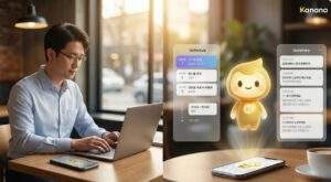 카페에서 노트북으로 업무를 보는 남성 옆 스마트폰에서 카나나 AI가 일정표와 대화 요약본을 홀로그램으로 보여주는 모습