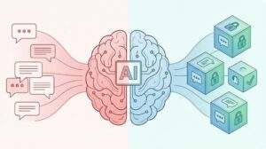왼쪽의 붉은색 배경에서는 여러 개의 말풍선 데이터가 뇌 모양의 거대한 AI 시스템으로 흘러들어가는 모습을 보여주고, 오른쪽의 푸른색 배경에서는 말풍선 데이터가 자물쇠로 잠긴 큐브 안에 안전하게 암호화되어 저장되는 모습을 대비시킨 인포그래픽 일러스트.