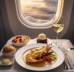 싱가포르 항공 기내식으로 제공된 랍스터 요리와 와인, 디저트