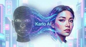 왼쪽의 파란색 와이어프레임 얼굴 모델에서 빛나는 데이터 입자가 흘러나와 오른쪽의 아름다운 여성 AI 초상화로 변하는 모습이다. 중앙에 "Karlo AI Engine"이라는 텍스트가 빛나고 있으며, 전체적으로 신비롭고 미래지향적인 분위기이다.