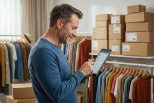 주문 폭주로 행복한 의류 매장 사장님, 택배 상자와 태블릿을 든 모습