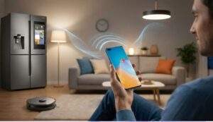 삼성 AI 가우스2가 내장된 거실 소파에 앉은 남자가 스마트폰으로 냉장고와 로봇 청소기를 동시에 원격 제어하는 스마트홈 사진