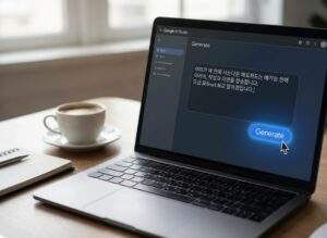 노트북 화면에 구글 AI 스튜디오 인터페이스가 실행 중이고, 사용자가 'Generate' 버튼을 클릭하자 한글 텍스트가 빠르게 생성되는 모습. 책상 위에는 커피잔과 노트가 놓여 있는 아늑한 작업 환경.