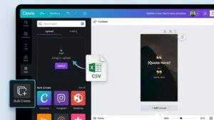 데스크톱 모니터에 표시된 캔바 작업 화면의 클로즈업 스크린샷 일러스트. 왼쪽 'Apps' 패널에서 보라색으로 강조된 'Bulk Create' 아이콘(쌓인 사각형과 더하기 기호)이 보이고, CSV 파일 아이콘이 업로드 영역으로 드래그되고 있다. 중앙 캔버스에는 '{Quote Here}'라는 플레이스홀더 텍스트가 있는 모바일 동영상 템플릿이 있다.