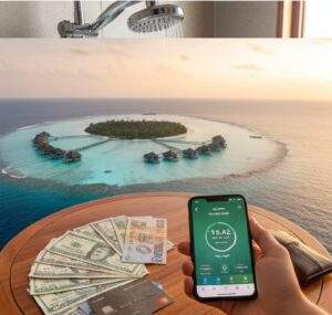 다양한 통화(달러, 현지 화폐)와 신용카드가 놓인 테이블 위에서 환율 계산기를 사용하는 모습