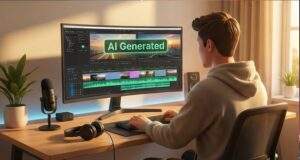 얼굴 없는 지식 크리에이터가 아늑한 홈 오피스에서 고가의 촬영 장비 없이 캔바 화면을 보며 AI 생성 영상을 편집하고 있는 뒷모습.