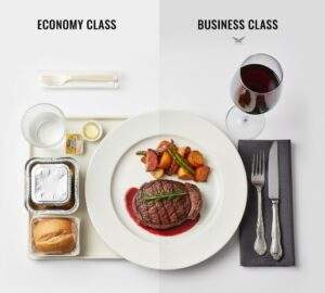 싱가포르 항공 이코노미 클래스 기내식과 비즈니스 클래스(북더쿡) 기내식을 비교하는 인포그래픽 스타일 이미지. 이코노미는 간편식, 비즈니스는 스테이크와 와인이 고급스러운 세팅으로 제공된다.