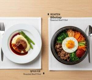 로스트 비프 필레와 비빔밥이 나란히 놓인 플랫 레이(flat-lay) 이미지, 싱가포르 항공 북더쿡 메뉴 예시