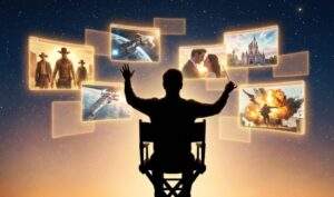 구글 flow: 밤하늘의 별을 배경으로 감독 의자에 앉아 있는 사람의 실루엣. 두 팔을 벌려 공중에 떠 있는 여러 개의 디지털 스크린을 지휘하고 있다. 각 스크린은 서부극, SF, 로맨스 등 다양한 영화 장르의 장면을 보여준다. 웅장하고 희망찬 분위기.