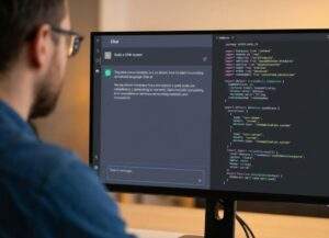 개발자가 모니터의 채팅창에 "Build a CRM system"이라고 입력하자, 오른쪽 코드 편집기 화면에 복잡한 코드가 실시간으로 자동 생성되는 모습을 어깨너머로 촬영한 사진.
