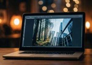 따뜻한 조명의 스튜디오에서 노트북 화면에 구글 믹스보드로 제작된, 숲과 도시가 혼합된 창의적인 그래픽이 띄워져 있는 모습.