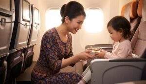 싱가포르 항공 승무원이 기내에서 무릎을 꿇고 아이에게 선물을 건네는 따뜻한 장면