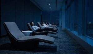 창이공항 무료 스누즈 라운지의 조용한 야간 풍경, 여행객들이 슬리핑 체어에서 휴식 중
