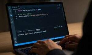 어두운 방에서 개발자가 노트북으로 파이썬 코드를 작성하는 모습의 클로즈업 사진입니다. 화면에는 import google.generativeai as genai 코드와 터미널에 pip install google-generativeai 명령어가 입력되어 있습니다.