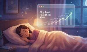 파이썬 구글 Gemini API 연동을 통해 편안하게 잠든 사람의 침실 위에 'Blog Post Published: 100%'라는 문구와 우상향하는 수익 그래프가 표시된 투명한 디지털 인터페이스가 떠 있는 따뜻한 분위기의 이미지입니다.