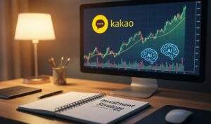 카카오 로고와 AI 아이콘이 표시된 상승하는 주식 차트가 모니터에 있고, 책상 위에 'Investment Strategy'라고 적힌 노트가 있는 모습.