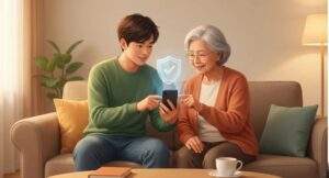 따뜻한 조명이 켜진 거실 소파에 젊은 남성과 나이 든 여성이 나란히 앉아 있고, 남성이 여성의 스마트폰 화면을 가리키며 보안 설정을 도와주는 다정한 모습의 일러스트. 스마트폰 위로 안전을 의미하는 체크 표시가 있는 홀로그램 방패 아이콘이 떠 있다.
