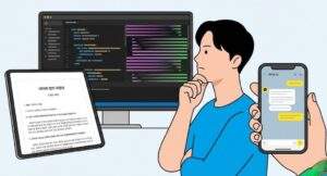 고민하는 표정의 사용자가 코딩 화면이 뜬 모니터(챗GPT), 한국 법령 문서가 있는 태블릿(클로바X), 카카오톡 대화창이 있는 스마트폰(카카오 AI kogpt)을 바라보며 선택을 고민하는 일러스트