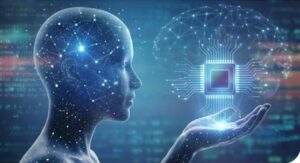 디지털 노드와 별자리로 이루어진 인간의 옆모습 실루엣이 손바닥 위에 떠 있는 빛나는 AI 반도체 칩과 연결되어 있다. 배경에는 복잡한 신경망과 디지털 코드가 어우러져 있으며, 마하1이 이끌어갈 AGI(범용인공지능) 시대의 비전을 상징한다.