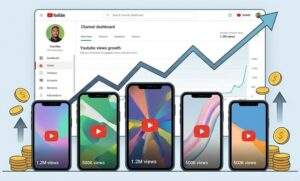 유튜브 채널 대시보드 배경 위에 급격히 상승하는 녹색 그래프 화살표가 있고, 그 아래로 '1.2M views', '500K views' 등 높은 조회수를 기록한 다양한 유튜브 쇼츠 영상이 재생되는 스마트폰 화면들이 나열되어 있다. 주변에는 금화와 상승하는 작은 화살표들이 수익과 성공을 상징하며 떠다닌다.
