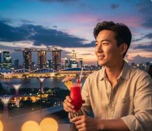 황혼녘 싱가포르의 화려한 도시 스카이라인을 배경으로 루프탑 바에서 싱가포르 슬링 칵테일을 즐기는 여유로운 여행객