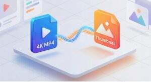 4K UHD 동영상 파일 아이콘과 유튜브 썸네일 이미지가 연결선으로 이어져 캔바 내에서 원스톱으로 작업됨을 보여주는 3D 아이소메트릭 그래픽.