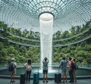 싱가포르 창이 공항 쥬얼 내 레인 보텍스 폭포를 감상하는 여행객들