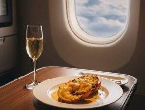 싱가포르 항공 비즈니스석 좌석에 놓인 펜할리곤스 어메니티와 여권, 비행기 창밖으로 보이는 구름. 여행의 설렘과 고급스러움을 담은 감성적인 모습.