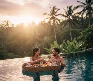 발리의 울창한 야자수 숲을 배경으로, 인피니티 풀에서 플로팅 조식을 즐기며 행복하게 대화하는 커플.