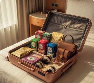 호텔 침대 위에 펼쳐진 분홍색 캐리어 안에 TWG 티, 바차 커피, 카야 잼, 가죽 핸드백 등 싱가포르 기념품과 쇼핑 물품이 깔끔하게 담겨 있다.