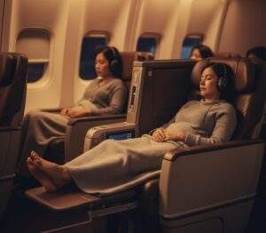 싱가포르 항공 프리미엄 이코노미 좌석에서 노이즈 캔슬링 헤드셋을 착용하고 편안하게 잠든 여성 승객, 다리 받침대를 사용해 휴식 중.